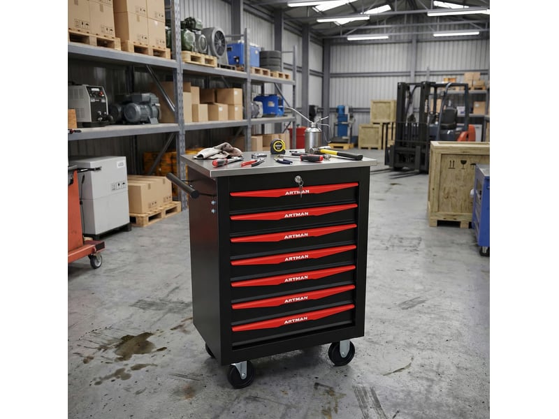  Servante d’atelier 7 tiroirs sur roulettes verrouillable acier noir et rouge evryae  - Conforama C
