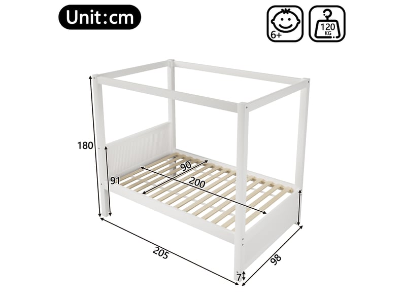  Lit à baldaquin 90x200 cm avec cadre de toit décoratif, lattes verticales têtepieds, bois mdf pin, blanc sans matelas  - Conforama C