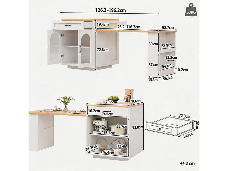  Îlot de cuisine coulissant éclairage led meuble moderne 2 tiroirs étagères réglables buffet portes verre strié plan travail mdf coin repas  - Conforama C