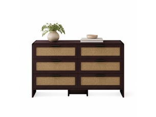 Meuble de rangement d'angle 130 x 40 x 74 cm – marron rougeâtre – 6 tiroirs en rotin, rangement polyvalent