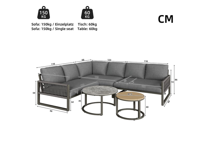  Salon de jardin,123x68x86 cm,6-7 places avec 2 tables,métal et polyester,gris  - Conforama C