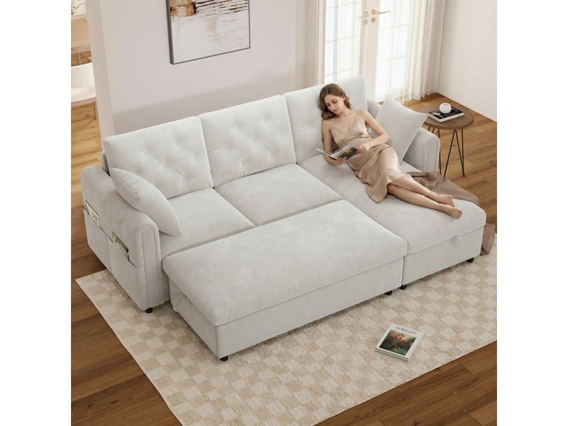  Canapé d'angle 3 places, convertible avec méridienne réversible, tissu beige avec coffre de rangement et pouf pour salon - 219x131x86 cm  - Conforama B