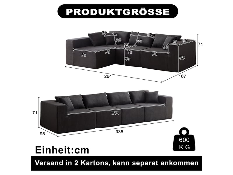 Canapé d'angle modulable 264 cm – velours côtelé beige, 4 pièces, mousse confortable – grand salon - Conforama C