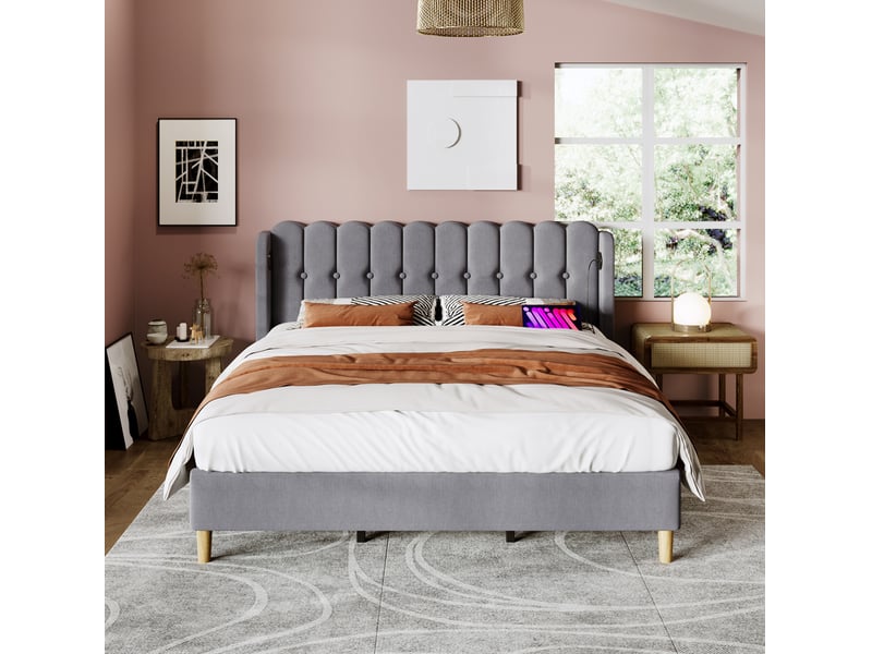  Lit 2 places 180x200 cm gris en tissu, avec lattes et usb type c  - Conforama B