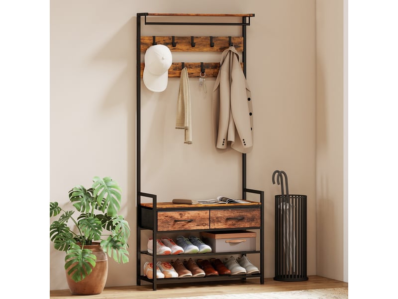  Porte-manteau 5 en 1, banc, tringle, 10 crochets amovibles, 2 tiroirs, étagère à chaussures, 80x30x181,5cm brun rustique  - Conforama D