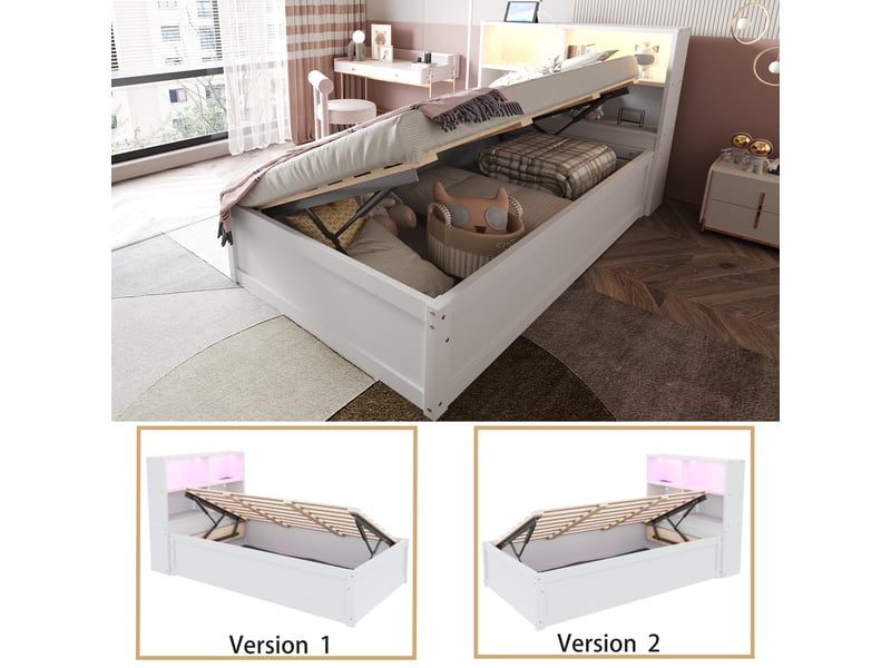  Lit simple 90x200 cm avec led et prise, cadre de lit adulte avec tête de lit de rangement, blanc, lit simple en bois massif  - Conforama R