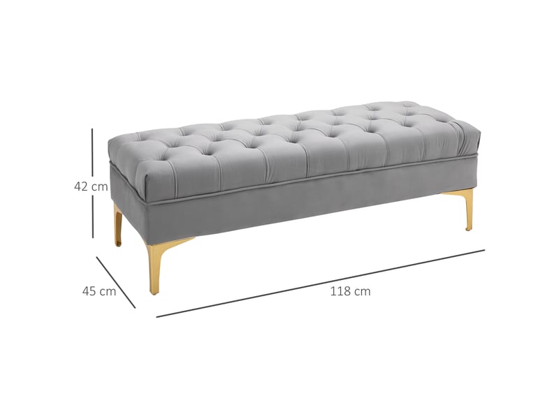  Banc banquette capitonnée pour bout de lit style classique chic dimensions 118l x 45l x 42h cm avec piètement en métal doré et velours gris clair  - Conforama C