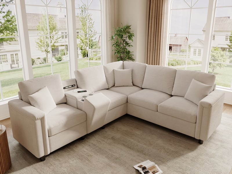 Canapé d'angle l 5 places, avec console rangement, porte-gobelets, usbtype-c, liseuse, 235x208x83 cm, beige, tissu chenille - Conforama B