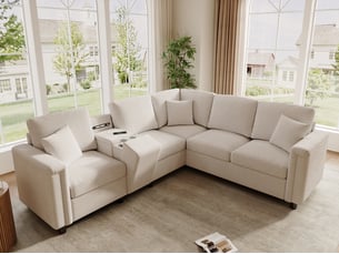 Canapé d'angle l 5 places, avec console rangement, porte-gobelets, usbtype-c, liseuse, 235x208x83 cm, beige, tissu chenille