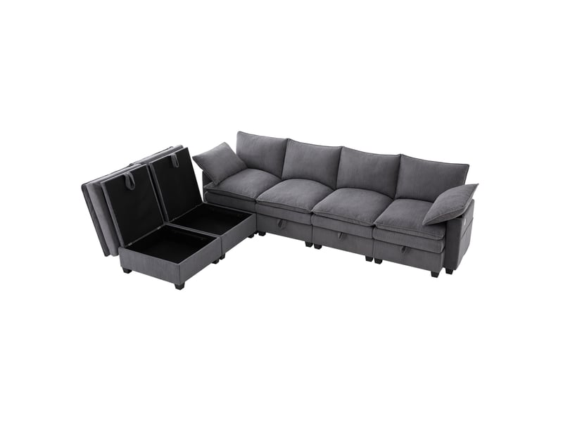  Canapé modulaire 6 places 280x152 cm – gris – rangements, ports usb, porte-gobelets et poufs amovibles  - Conforama D