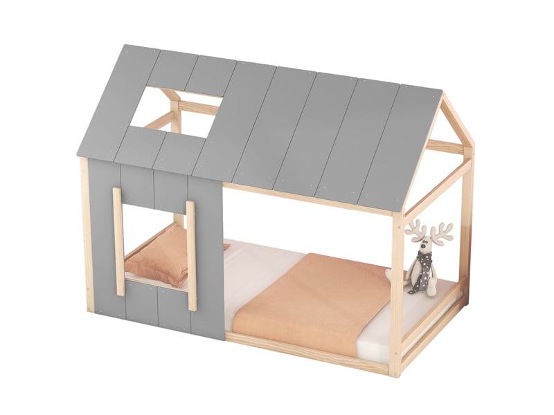  Modenvie lit enfant cabane 90x200 cm - avec toit et fenetre, structure en pin - pour chambre d enfant - naturel  - Conforama A