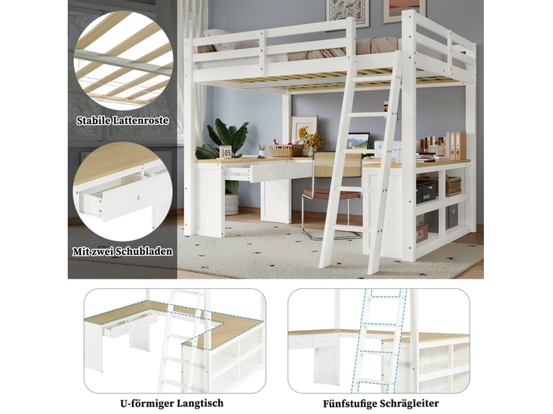  Lit mezzanine enfant 140x200 cm, avec bureau en u, deux tiroirs, rangements, bois et mdf, blanc naturel, sans matelas  - Conforama E