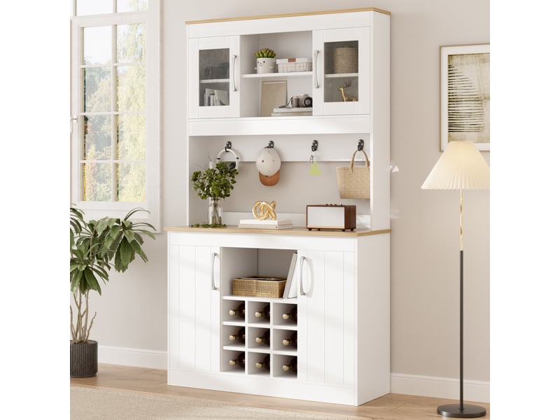  Buffet de cuisine avec vitrine 175 cm, vaisselier blanc et bois avec porte-bouteilles et crochets  - Conforama W