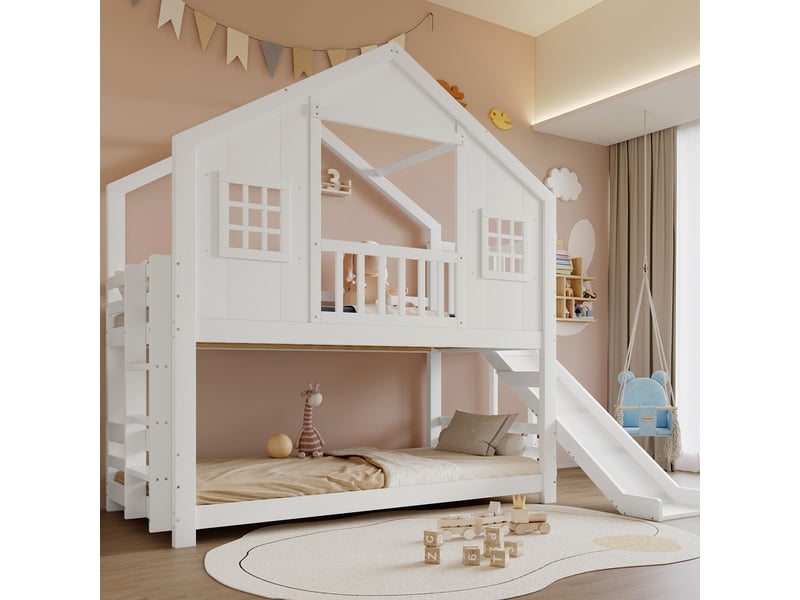 Lit superposé enfant 90x200 cm - avec toboggan et échelle - avec toit et fenêtres - bois massif + mdf - blanc (sans matelas) - Conforama D
