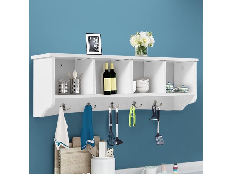 Porte-manteau mural avec 4 compartiments, 5 crochets doubles, étagère rangement mural pour entrée cuisine  - Conforama E