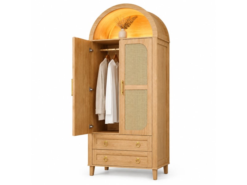  Armoire 2 portes avec niche ouverte en arche, éclairage led piloté par application, 2 tiroirs et penderie  - Conforama A