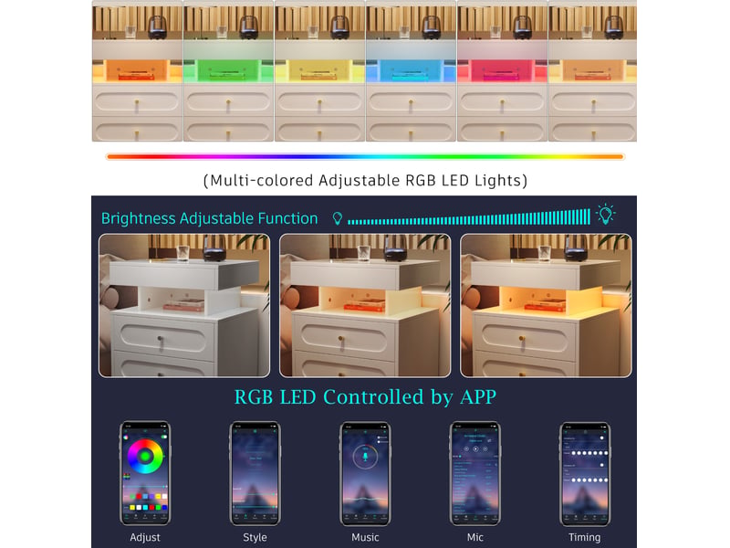  Table de chevet led 2 tiroirs rangement ouvert 100x40x60 cm, anti-basculement, panneaux de particules, blanc  - Conforama E