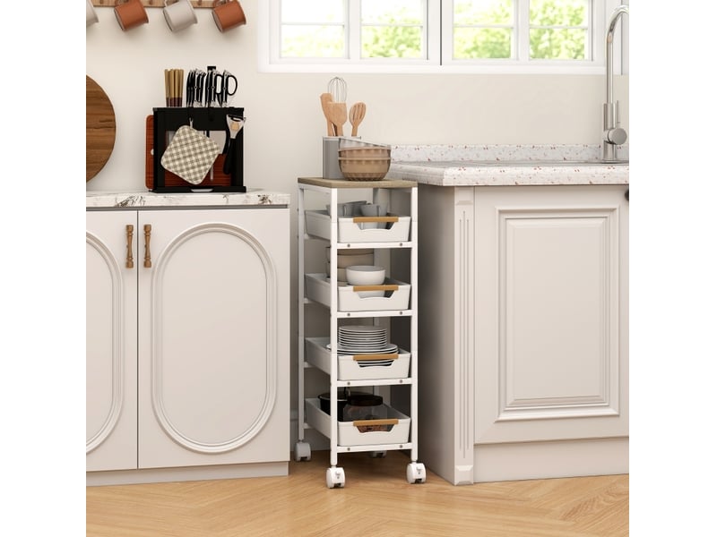  Desserte de cuisine 39,5x24x82 cm à roulettes 4 tiroirs effet bois métal blanc  - Conforama C