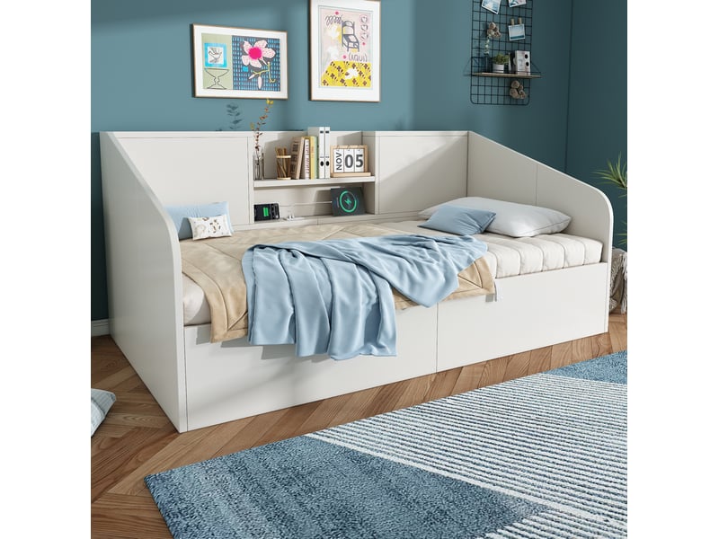 Lit gain de place 90x200 cm design minimaliste rangement grand volume, 2 niveaux arrière, bois, blanc sans matelas - Conforama B