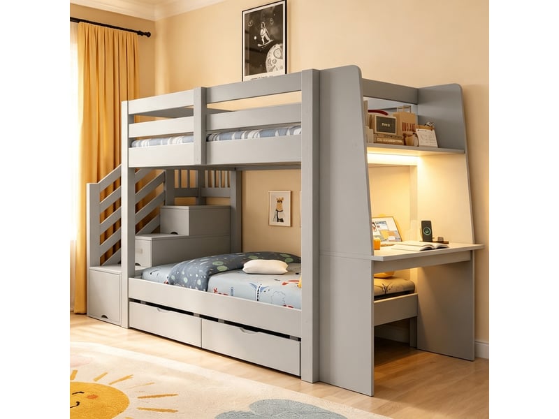  Lit enfant superposé 90 x 200 cm, bois gris, bureau intégré, led, prise et tiroirs  - Conforama D