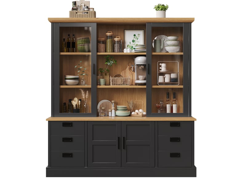 Buffet de cuisine à 6 tiroirs et portes vitrées, mdf, noir et effet bois  - Conforama A