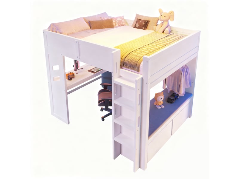  Lit mezzanine simple 90x200 cm avec bureau et échelle - tiroir de rangement, sans matelas, blanc  - Conforama A