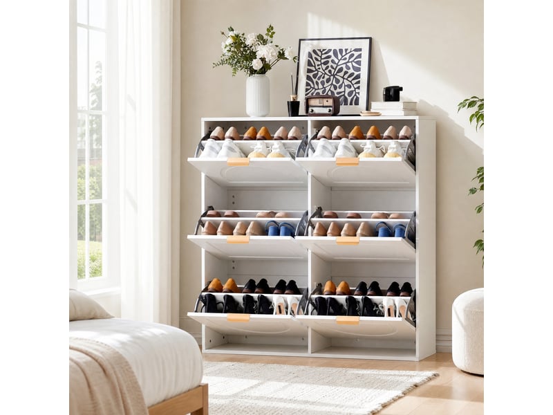  Meuble à chaussures ulevr à 6 abattants, rangement étroit 118 x 25 x 115 cm, mdf et panneaux de particules, blanc  - Conforama B