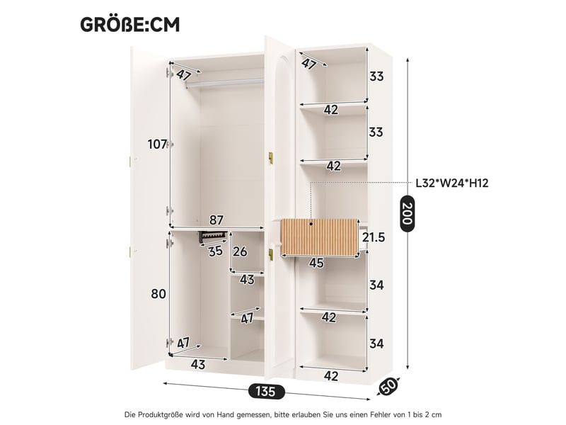  Armoire 135x50x200 cm avec 2 tringles et 8 espaces de rangement blanc et bois  - Conforama C