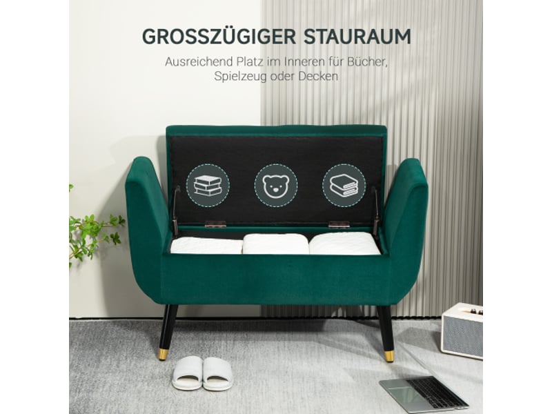  Banc coffre vert effet velours avec accoudoirs, rangement, bois d’hévéa, 107x42x65 cm  - Conforama D