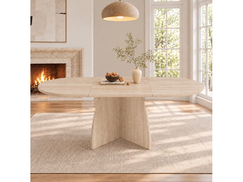  Table à manger extensible 120x90 cm à 180x90 cm, angles arrondis, en mdf, beige effet travertin  - Conforama B