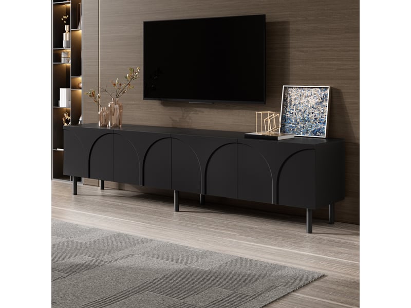  Meuble tv 180x35x49 cm - meuble bas à façade ondulée 3d, 4 portes, 2 espaces de rangement séparés, pieds en métal  - Conforama D
