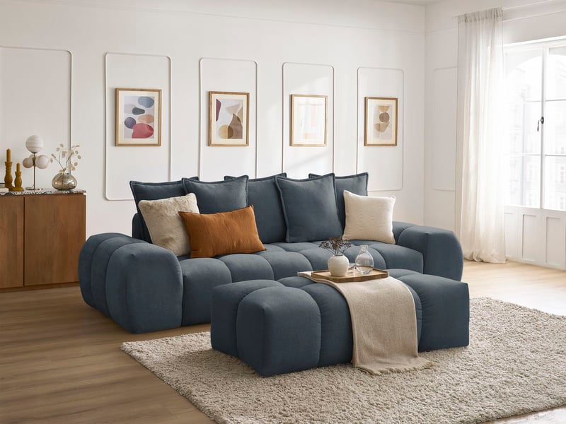  Bobochic canapé droit fixe 3 places everest tissu texturé avec pouf bleu foncé EVEREST - Conforama B