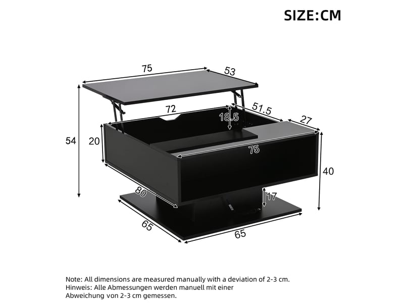  Table basse relevable avec espace caché, niche ouverte et led pour salon, 80 × 75 × 40 cm, en panneaux de particules, noir  - Conforama D