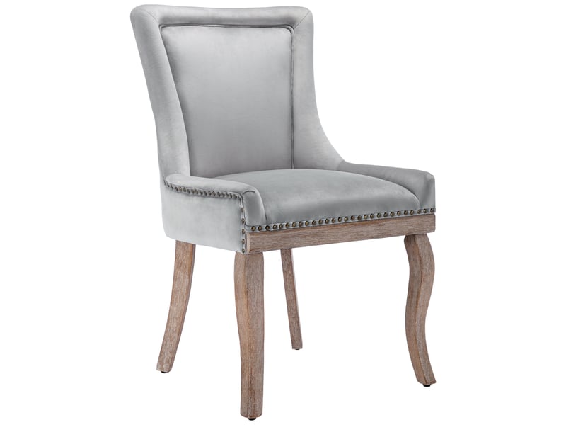 Lot de 6 chaises de salle à manger velours gris capitonné, clous décoratifs, pieds en bois massif, style chic moderne  - Conforama A