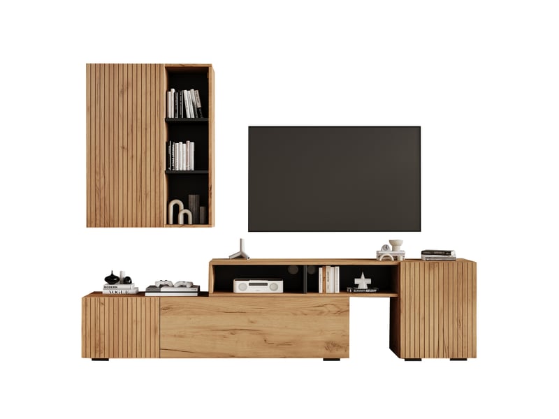 Ensemble meuble tv extensible 174-265 cm – chêne et noir – rangement intégré, à poser ou mural pour grand écran  - Conforama A