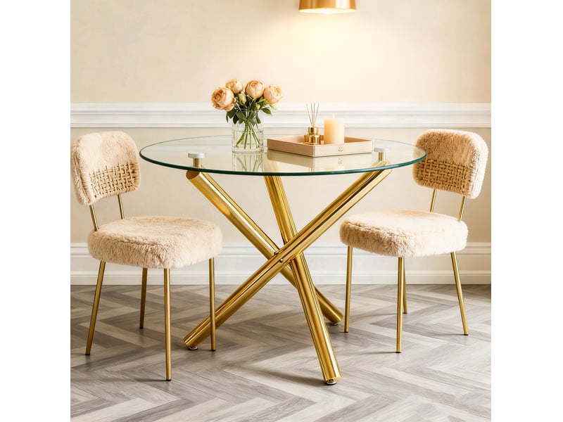  Table à manger ronde 80 x 80 x 76 cm, verre trempé, pieds en métal doré  - Conforama D