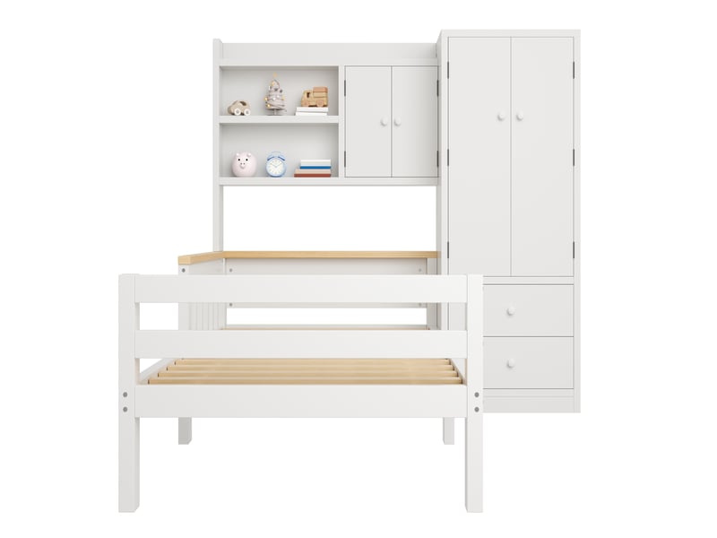  Lit combiné enfant modenvie 90 x 200 cm avec armoire, tiroirs et étagères ouvertes, blanc  - Conforama A