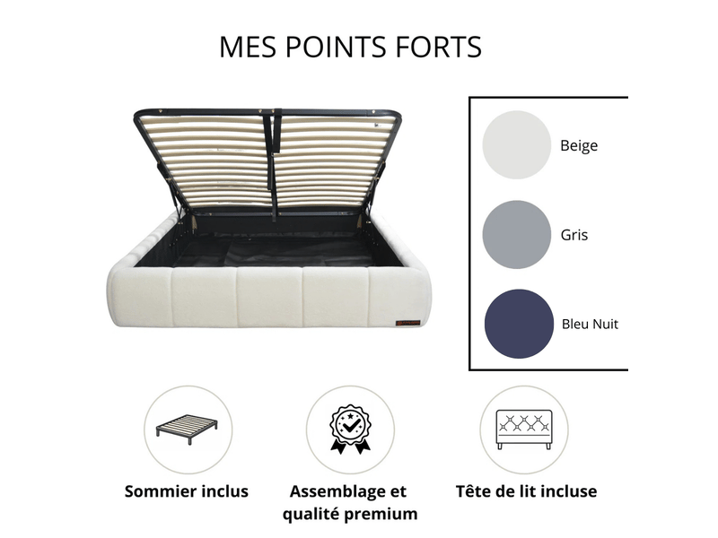  Ensemble lit coffre aneto et matelas émeraude 140x190 cm - tissu chenille gris - mémoire de forme PREMIUM - Conforama C