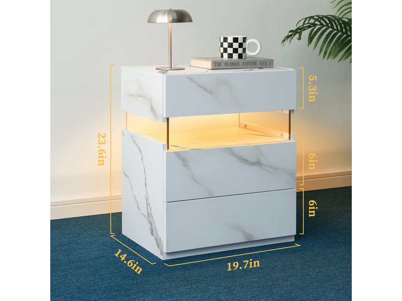  Table de chevet led blanc pierre, 3 tiroirs, panneau acrylique, design moderne  - Conforama C