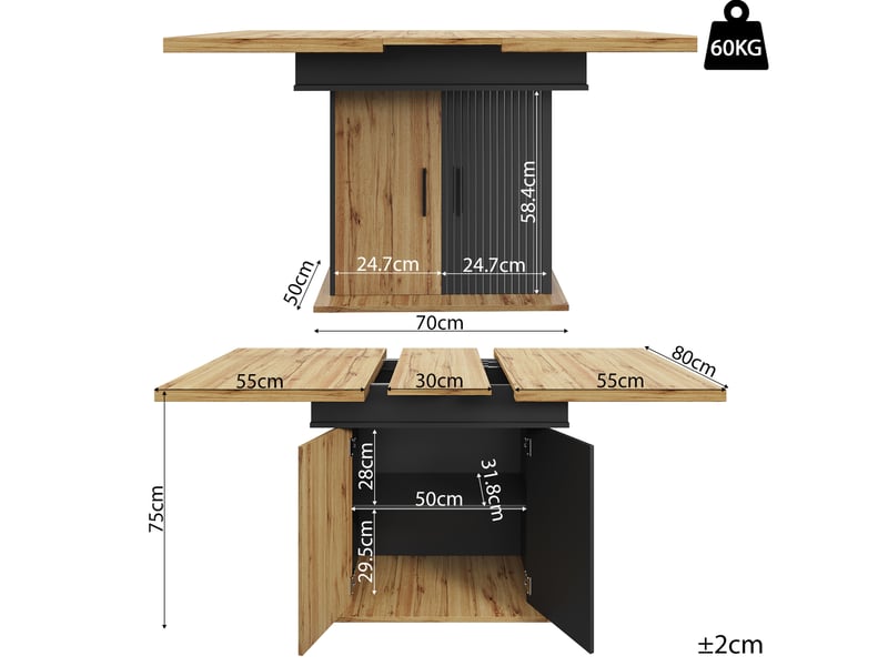  Table à manger extensible, 110x140x80 cm, style rétro, repas, salle à manger et pratique, mdf, coloris noir et naturel  - Conforama C