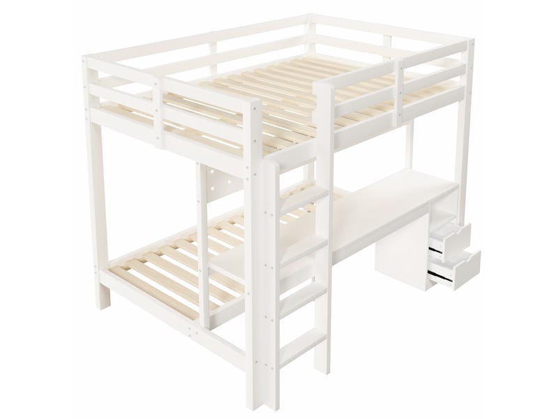  Lit superposé avec bureau, lit en bois de pin, lit enfant 90x200 et 140x200 avec tiroirs, panneau perforé et éclairage led.  - Conforama A
