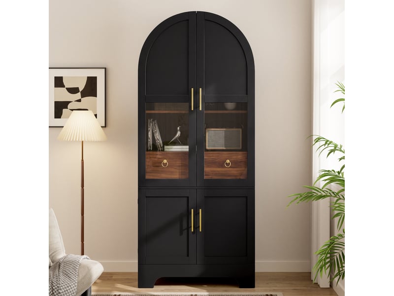  Buffet haut 76x40x180 cm avec 4 portes et 1 tiroir, led, en mdf et panneau de particules, coloris noir, design rétro  - Conforama D