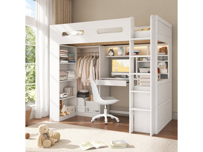 Lit mezzanine 90x200 cm, avec tiroir, plusieurs étagères, bureau intégré sous le lit, éclairage led et port usb, blanc - Conforama B