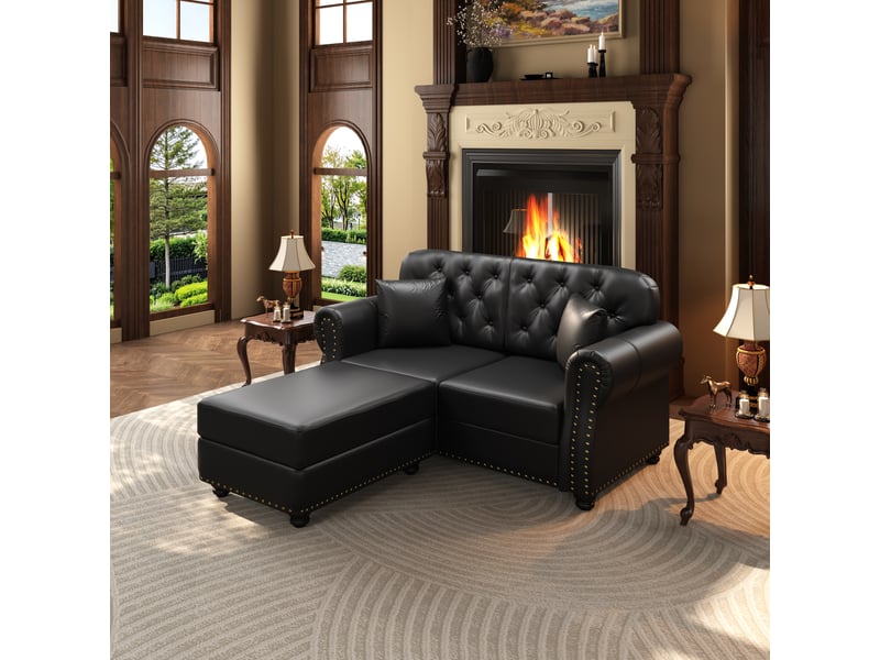 Canapé chesterfield 2 places + 1 pouf en simili cuir noir, 160 cm Fay Lum - Conforama B