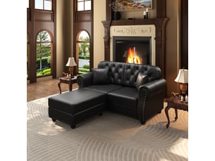 Canapé chesterfield 2 places + 1 pouf en simili cuir noir, 160 cm