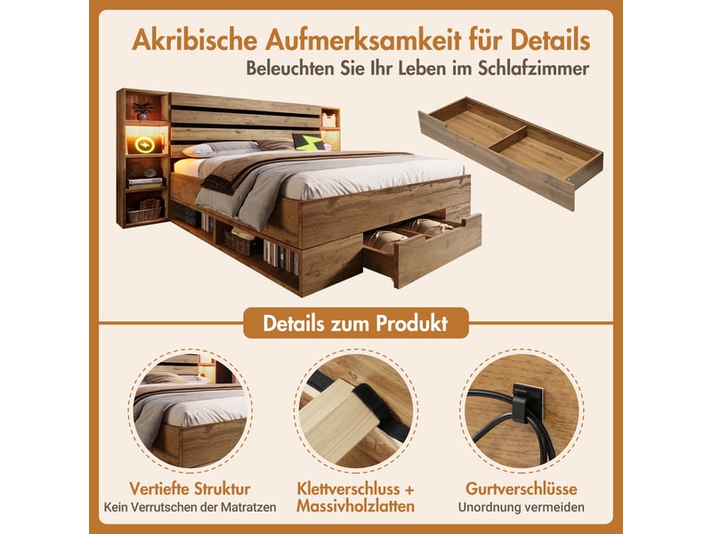  Lit double adulte,160x200 cm,avec rangement, led, usb-c,mdf,coloris chêne  - Conforama E