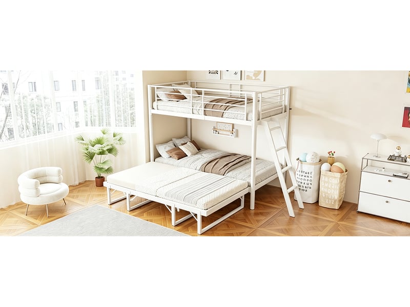  Lit superposé métal avec lit gigogne 90x200 cm blanc métal et bois extensible 180x200 cm gain de place pour chambre enfant et petit espace Sol Morn - Conforama E