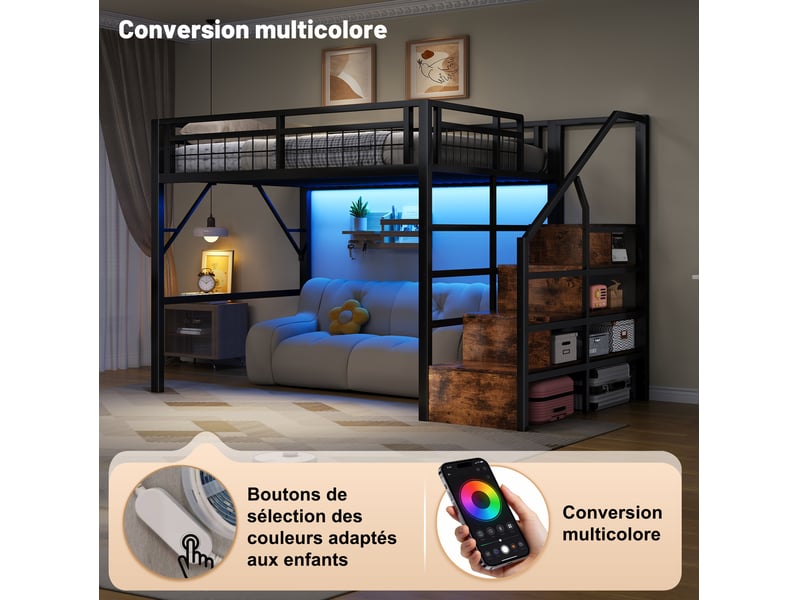  Lit mezzanine enfant 140x200 cm, avec marches de rangement, cadre en métal et mdf, led contrôlable, noir, sans matelas  - Conforama E
