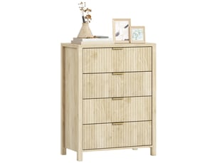 Commode à 4 tiroirs rainurés et poignées dorées, 70 x 38 x 93 cm, bois naturel