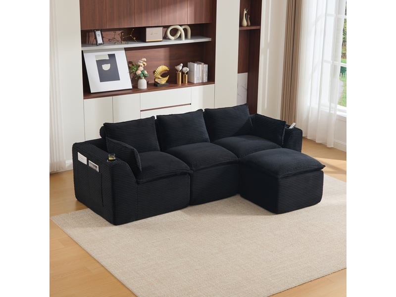 Canapé modulaire 3 places avec pouf assorti 256 x 161 x 75 cm rangement latéral et porte-gobelet - Conforama B
